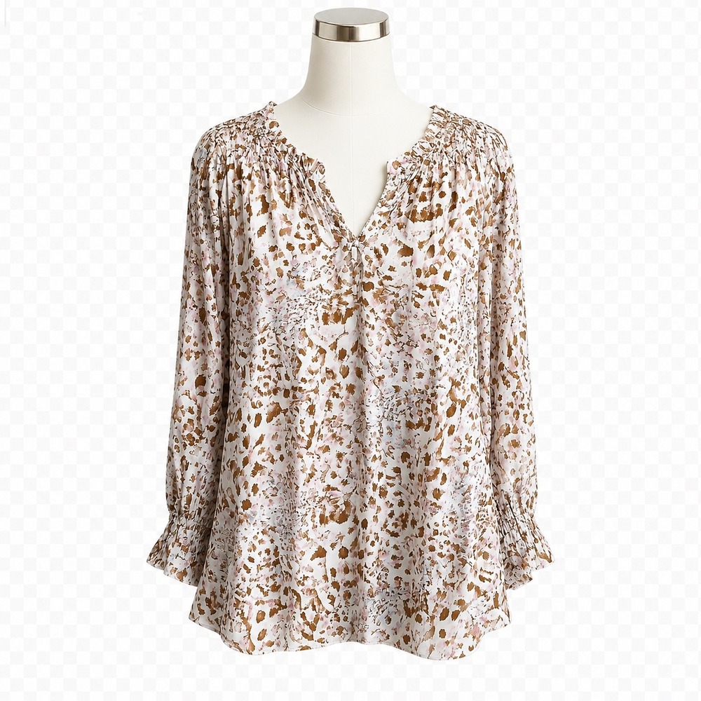 Kori Blouse Womens 1XL Tan Animal Print Boho Ruffle V-Neck Smocked PB6472 NEW